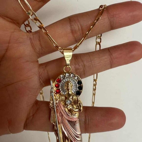 St Judas Tadeo Pendant Necklace 14K Gold Plated Religious Figaro 20-Inch - 4mm - Picture 2 of 4